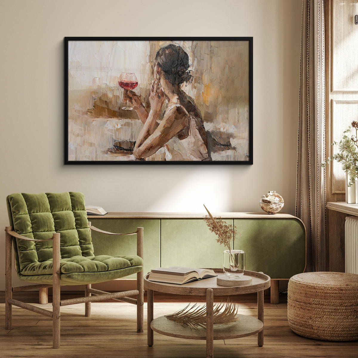 ZARÁMOVANÝ PLAGÁT Olejomaľba - Žena - Víno 120x80 cm - svetlohnedá, papier (120/80cm) - MuchoWow