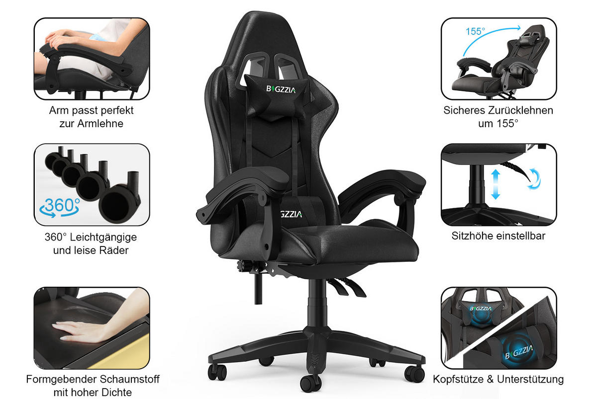 GAMING-STUHL ergonomisch, verstellbare Rückenlehne, Kissen – Schwarz - Schwarz, Leder (59/120/56cm) - Rattantree