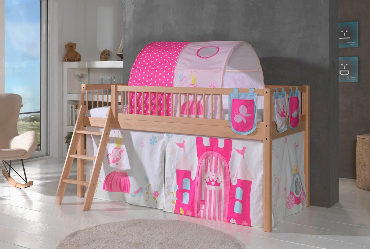 HALBHOHES BETT Kelci 90x200 Textilset Princess mit Tunnel Buche massiv - Buchefarben, Holz (90/200cm) - 58aufmkessel