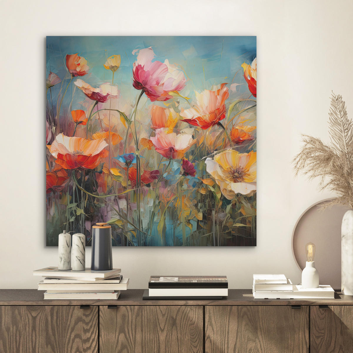 AKUSTIKBILD Blumen - Aquarell - Kunst - Botanisch - Natur Wandbilder 60x60 cm - Orange, Kunststoff (60/60/0.9cm) - MuchoWow