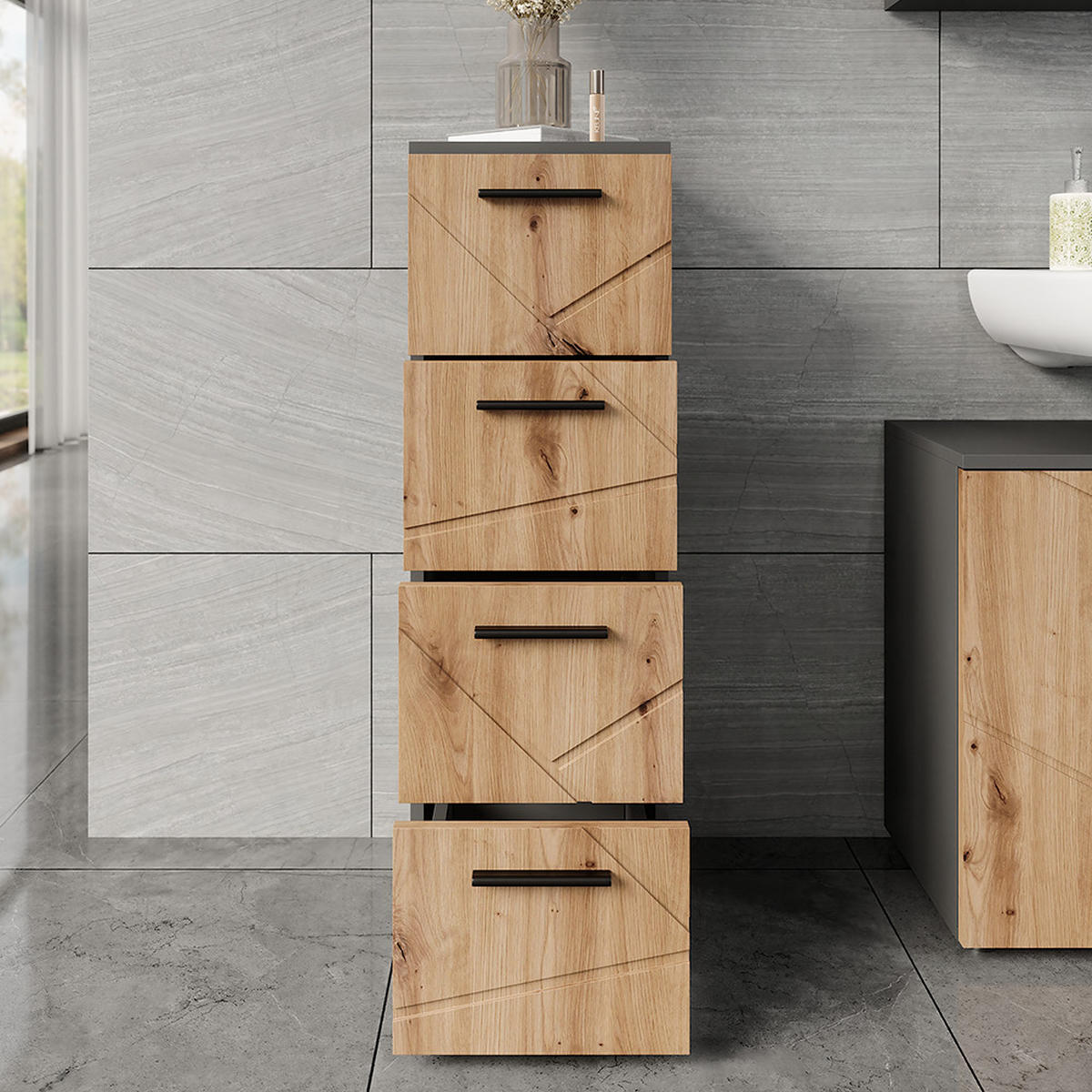 MIDISCHRANK Irma Anthrazit/Artisan 30 x 95 cm mit 4 Schubladen - Anthrazit/Eiche Artisan, Holzwerkstoff (30/95/30cm) - Vicco