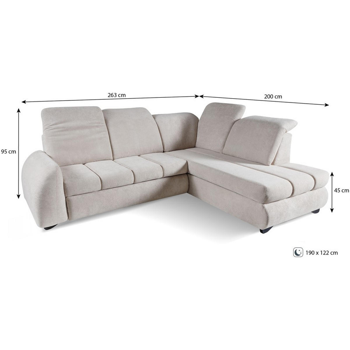ECKSCHLAFSOFA Onel mit bewegliche Kopfstützen, Beige, Rechts - Beige/Schwarz, Textil (263/200cm) - Beautysofa