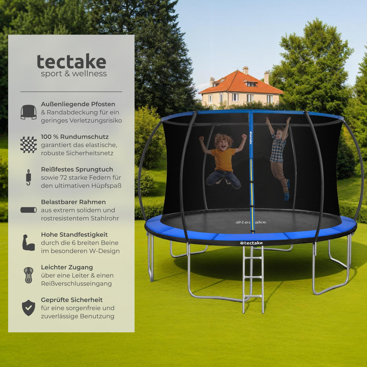 TRAMPOLIN Jumpy,inklusive Einstiegsleiter,schwarz/blau - Blau/Schwarz, Metall (394/275/394cm) - tectake