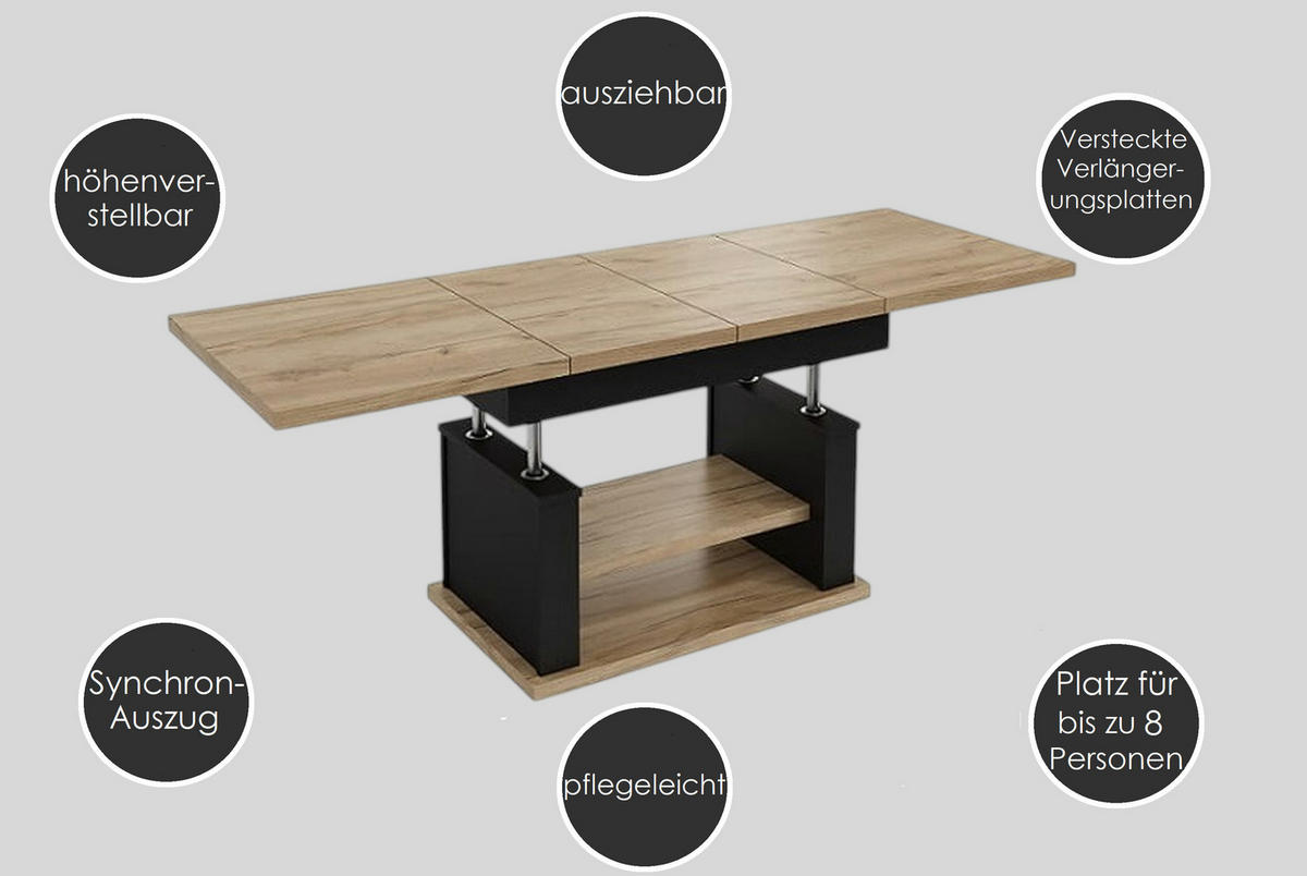COUCHTISCH rechteckig Weiß - Schwarz ausziehbar höhenverstellbar - Schwarz/Weiß, Holzwerkstoff (70/120/60cm) - designimpex
