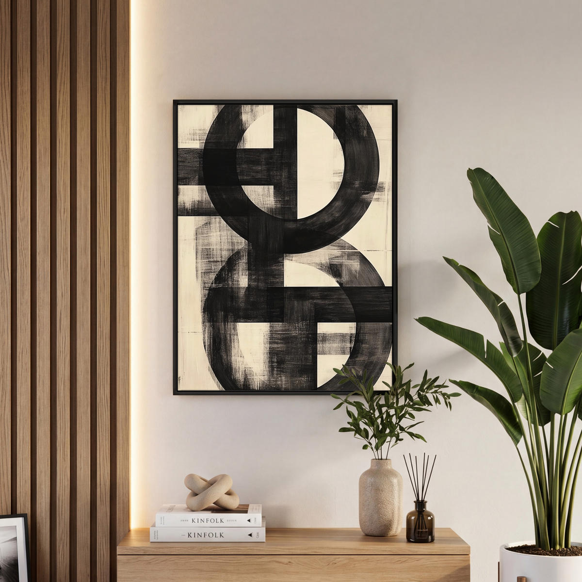 LEINWAND Bilder mit Rahmen - Kreise - Balken - Schwarz - Abstrakt - 60x80 - Schwarz, Textil (60/80cm) - MuchoWow