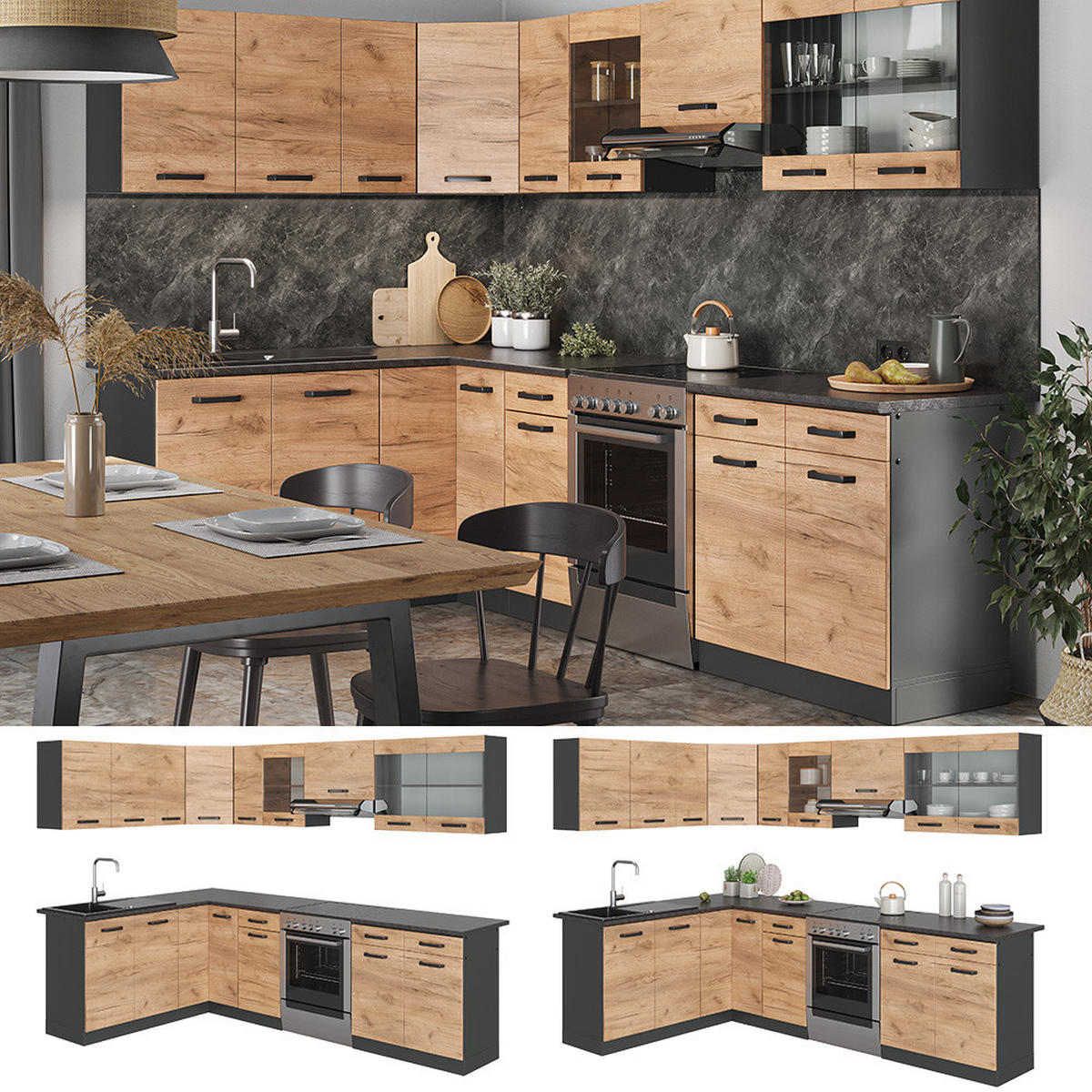 ECKKÜCHE Rick Anthrazit/Goldkraft Eiche 267 x 167 cm , AP Schwarz - Anthrazit/Eiche Wotan, Holzwerkstoff (270/81.6/60cm) - Vicco