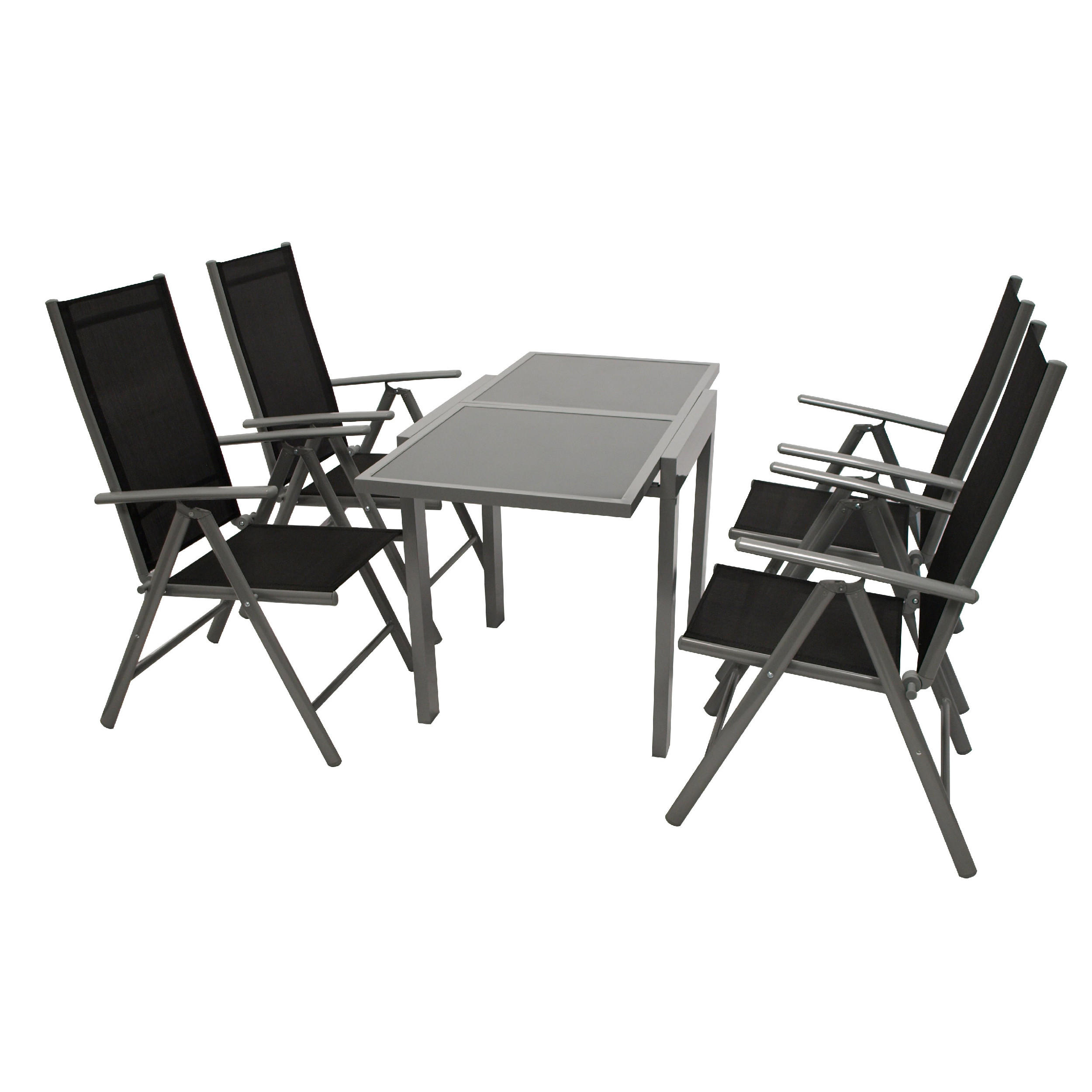 GARTEN-GARNITUR Ashford - 5-teilige Garten-Essgruppe (4x Klappsessel mit Armlehnen, 1x Auszieh-Tisch 65/130x65cm), Gestell Aluminium - Schwarz, Metall - TPFGarden