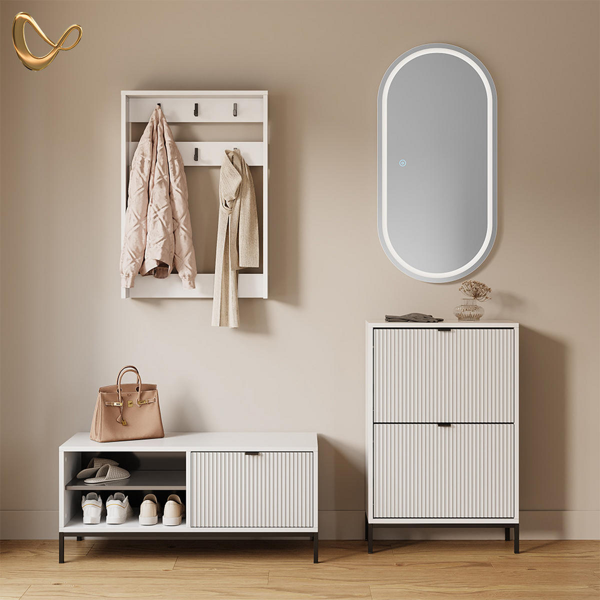 GARDEROBE Aterno Weiß Set, 3 Teile - Weiß, Holzwerkstoff (100/45/40cm) - Livinity®