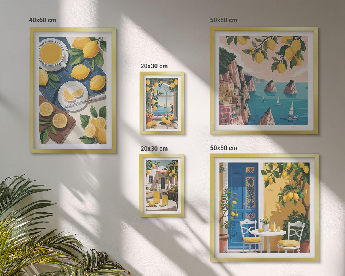 WANDBILDER 5er Set - 50x50 cm & 20x30 cm & 40x60 cm Goldrahmen - Berge, rosa Himmel, Wasser, Sukkulente - Goldfarben, Kunststoff (40/60cm) - ArtPrintCave