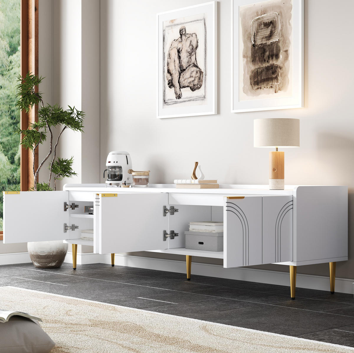 TV-SCHRANK in Weiß mit 3D-Türen und goldfarbenen Griffen 170/35/47.5 cm - Weiß, Holzwerkstoff (170/47.5/35cm) - Redom