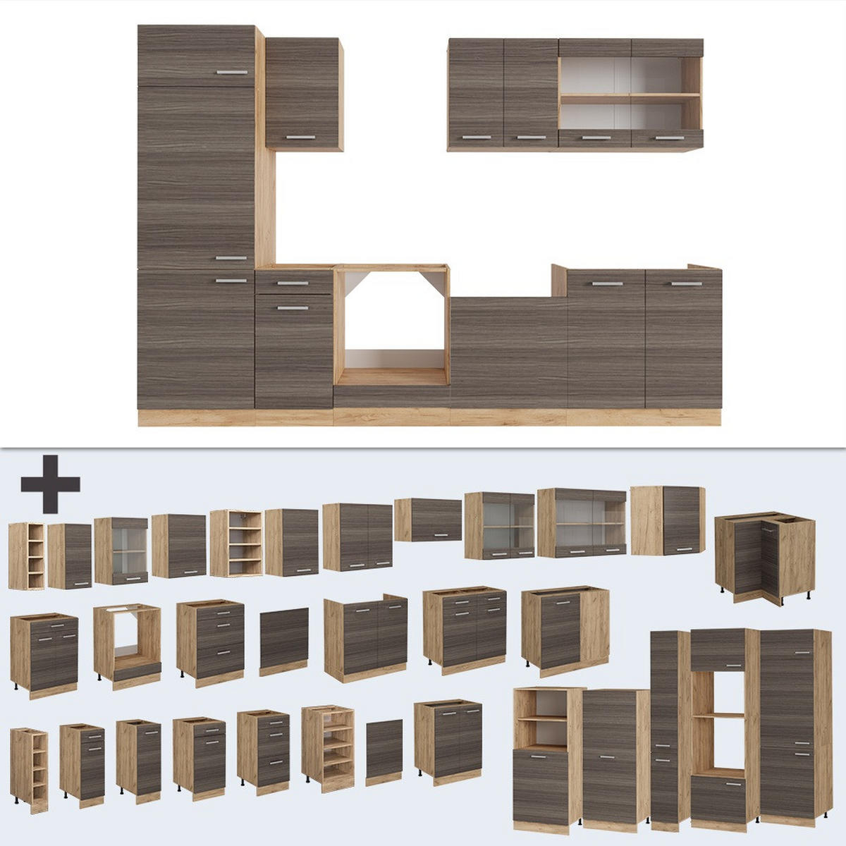 KÜCHENZEILE R-Line Edelgrau/Goldkraft Eiche 300 cm , AP Eiche - Honigeiche/Grau, Holzwerkstoff (300/81.6/60cm) - Vicco