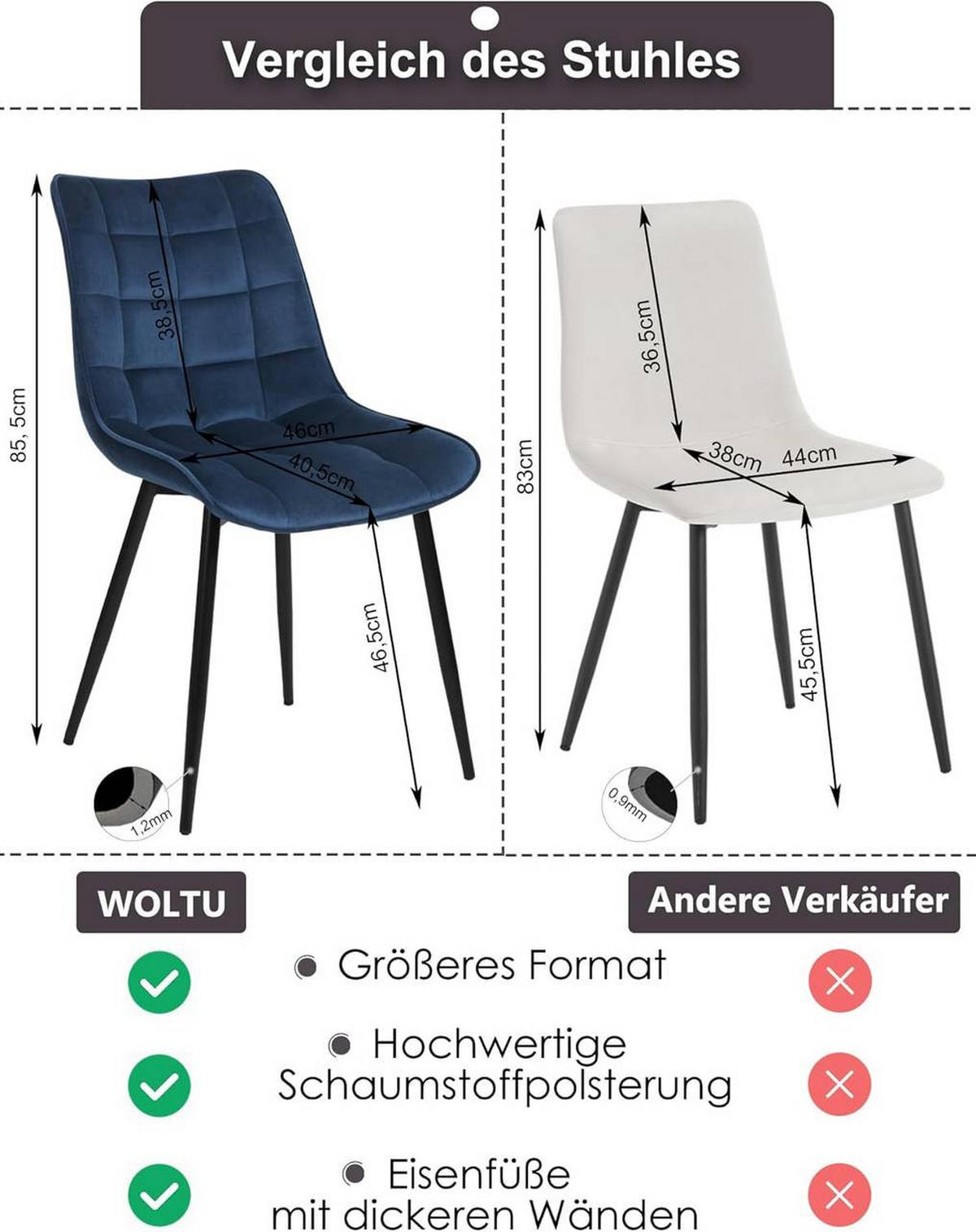 ESSZIMMERSTUHL 4er Set, Samt, Metallbeine, Blau - Blau/Schwarz, Textil/Metall (46/85.5/40.5cm) - Woltu