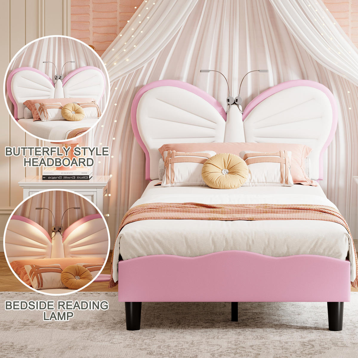 POLSTERBETT 90x200cm Rosa Mit LED-Leselampe & Verstellbarem Kopfteil - Rosa, Holz (90/200cm)