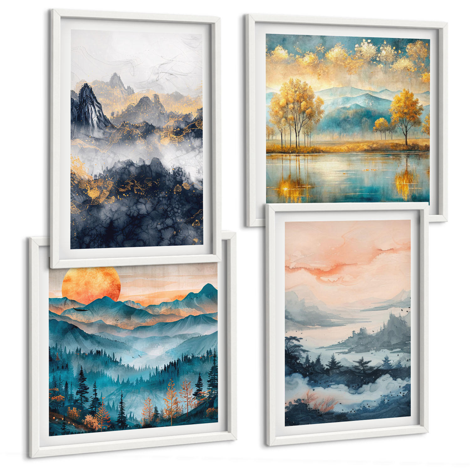 BILDER SET 4er Set - 50x50 cm & 40x60 cm Weißer Rahmen - Gemalte Abstraktionen der Natur - Weiß, Kunststoff (50/50cm) - TULUP