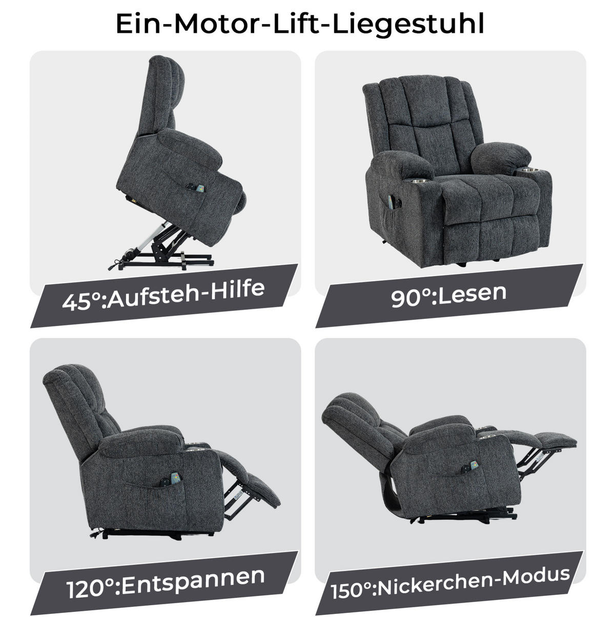 RELAXSESSEL elektrisch mit Aufstehhilfe und Fußteil in Dunkelgrau - Dunkelgrau, Textil (84/106/91cm) - BEAOK
