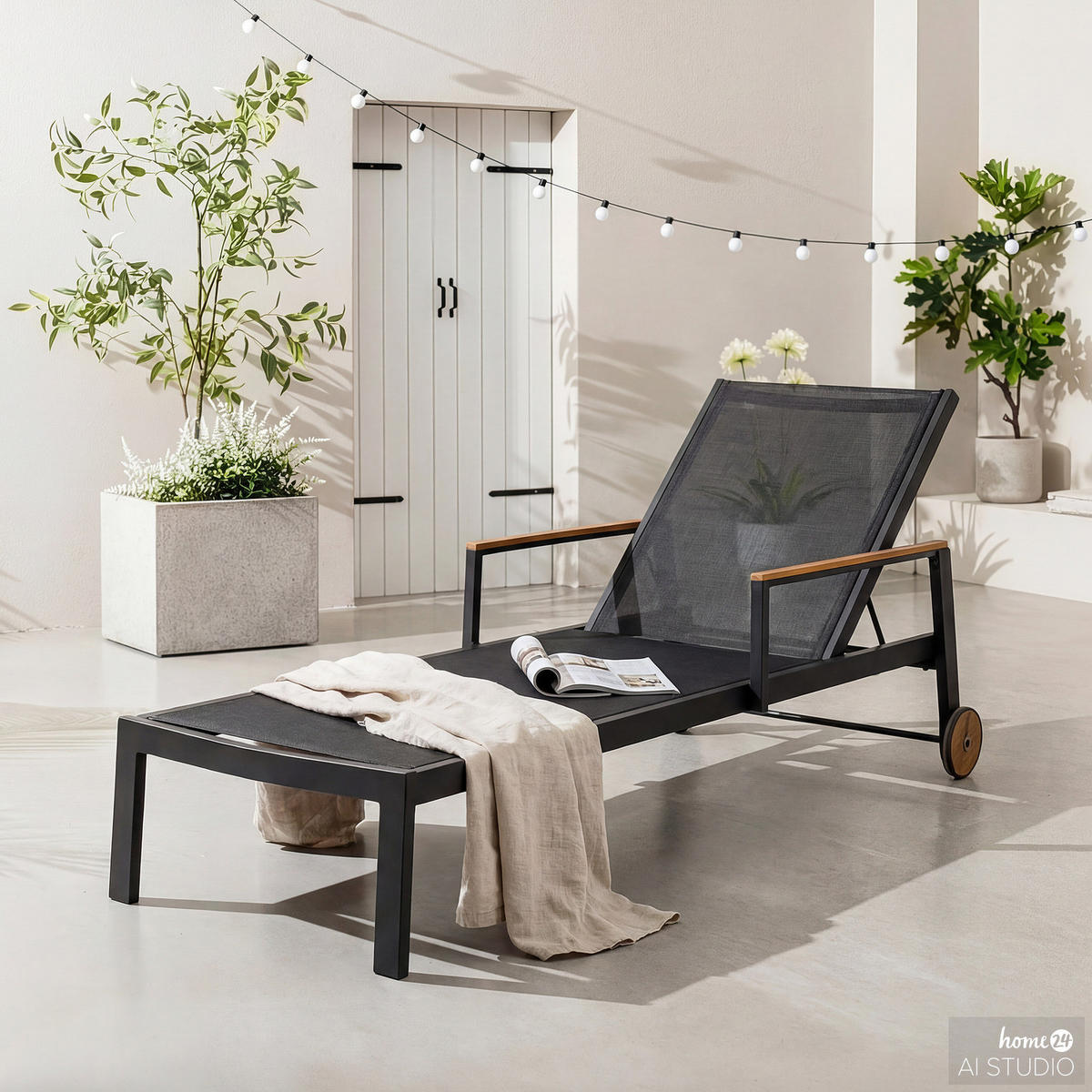 GARTENLIEGE MIT GITTERSTOFF - Textilene / Aluminium - Schwarz / Braun - Schwarz/Braun, Holz/Textil (71/48/195cm) - home24