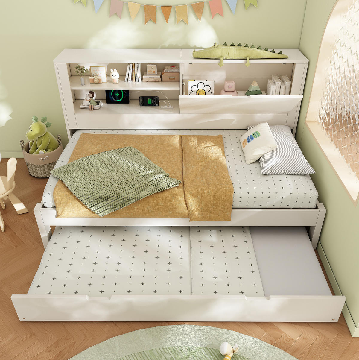 PATROVÁ postel 90/190 cm bílá z dřeva s výsuvným lůžkem, úložným prostorem a USB nabíjením - bílá, textil (90/190cm) - OKWISH