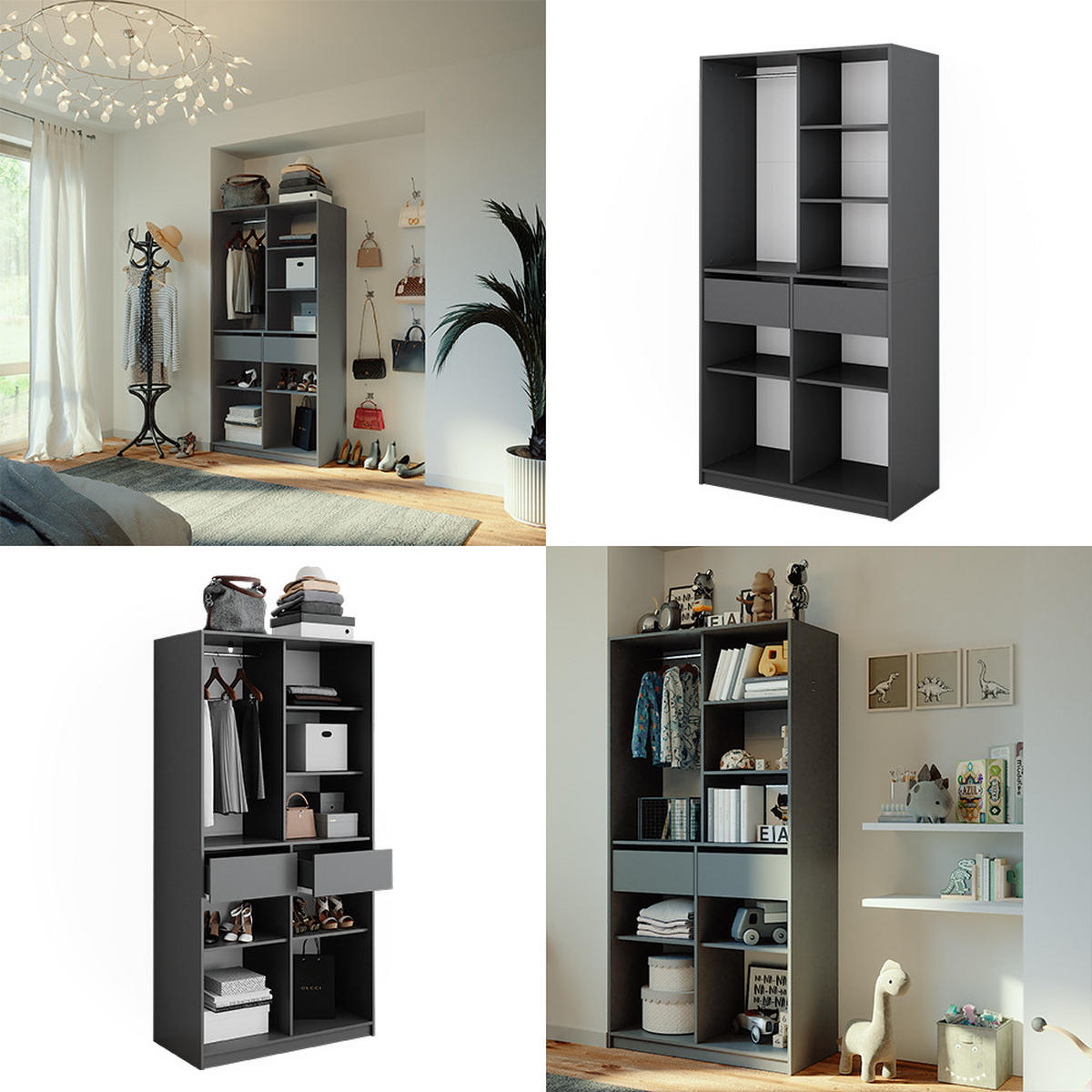 KLEIDERSCHRANK Elmo Anthrazit 100 x 200 cm mit 2 Schubladen - Anthrazit, Holzwerkstoff (100/200/50cm) - Vicco