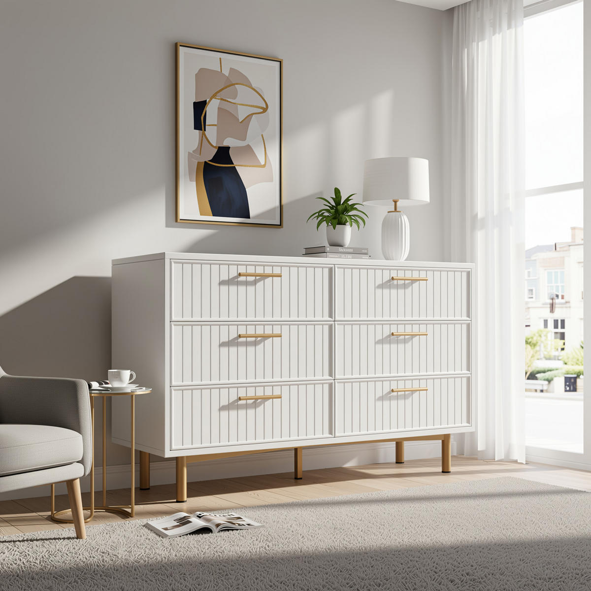 SIDEBOARD holzwerkstoff weiß mit geriffelter front & 6 schubladen - Weiß, Holzwerkstoff (120/40/75cm) - Urban Meuble