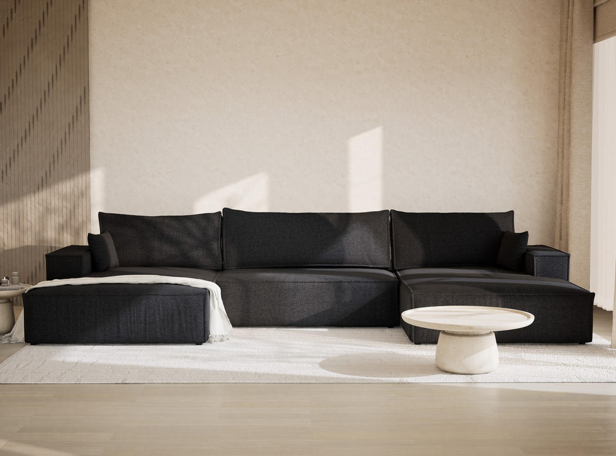 WOHNLANDSCHAFT Kyoto Anthrazit Webstoff - Schwarz/Grau, Holz/Holzwerkstoff (398/70/148cm) - Maison de Reve