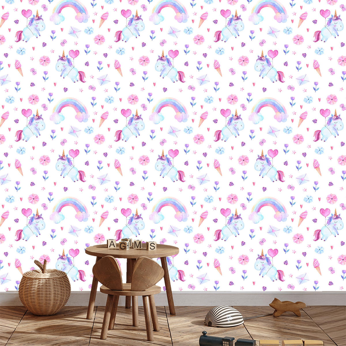 VLIESTAPETE Einhörner und Regenbogen – Rosa, Blau, Weiß – 50x1000 cm - Blau/Rosa, Papier (50/1000cm) - Muralo