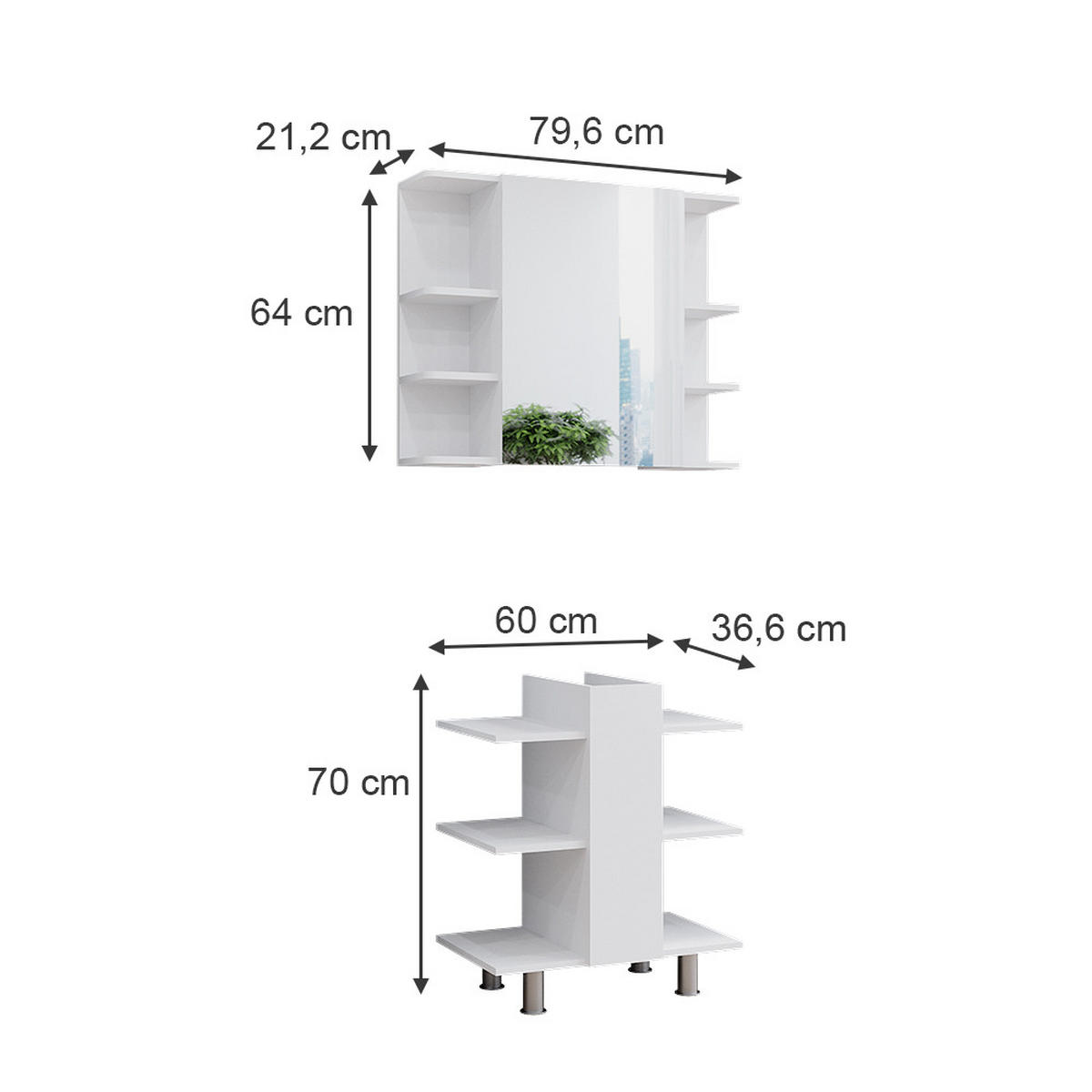 BADMÖBEL-SET Fynn Weiß 2 Teile Waschbeckenunterschrank und Bad Spiegelschrank - Weiß, Holzwerkstoff (79.6/64/36.6cm) - Vicco