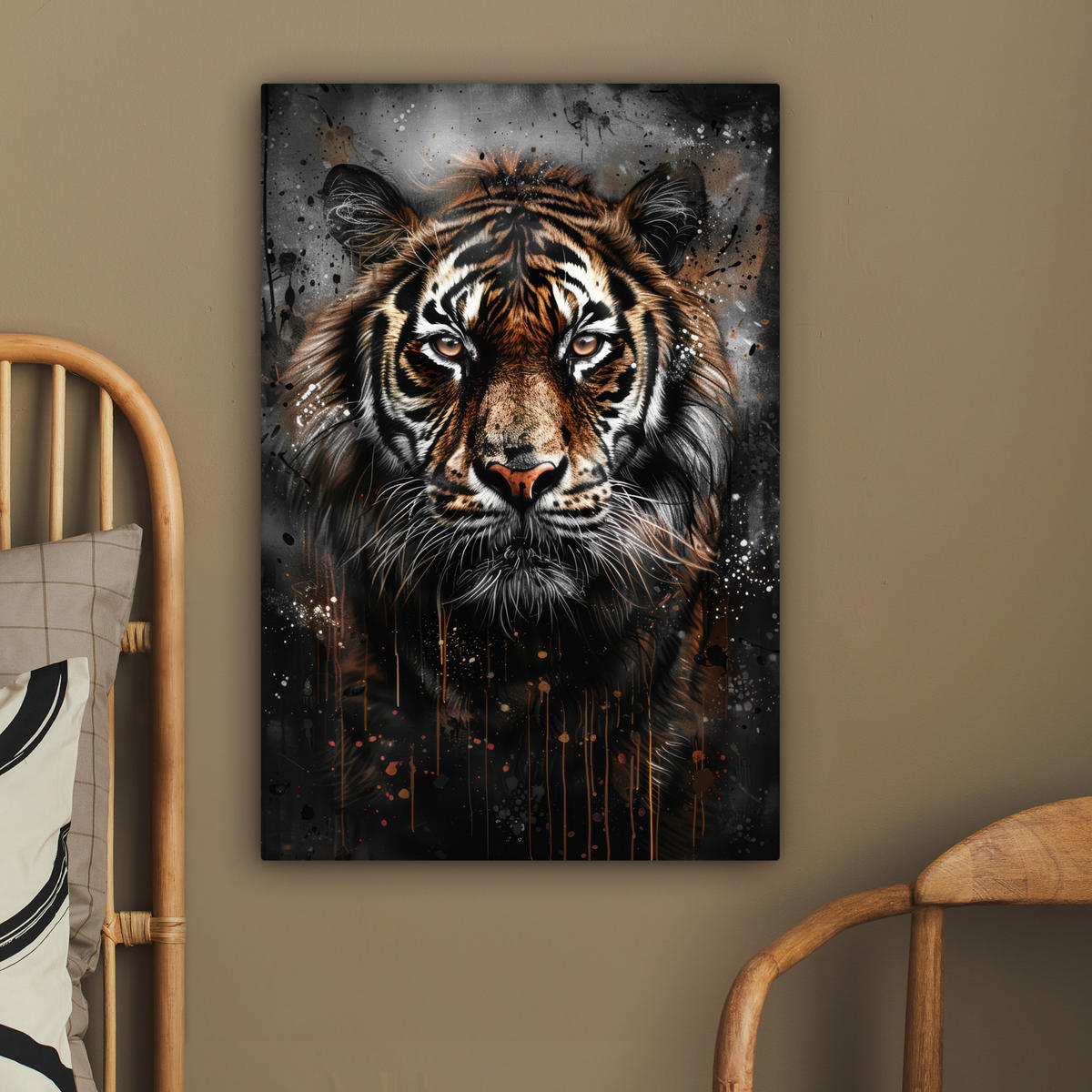 LEINWANDBILD Tiger - Tiere - Porträt - Luxus - Schwarz 60x90 cm - Anthrazit, Textil (60/90cm) - MuchoWow