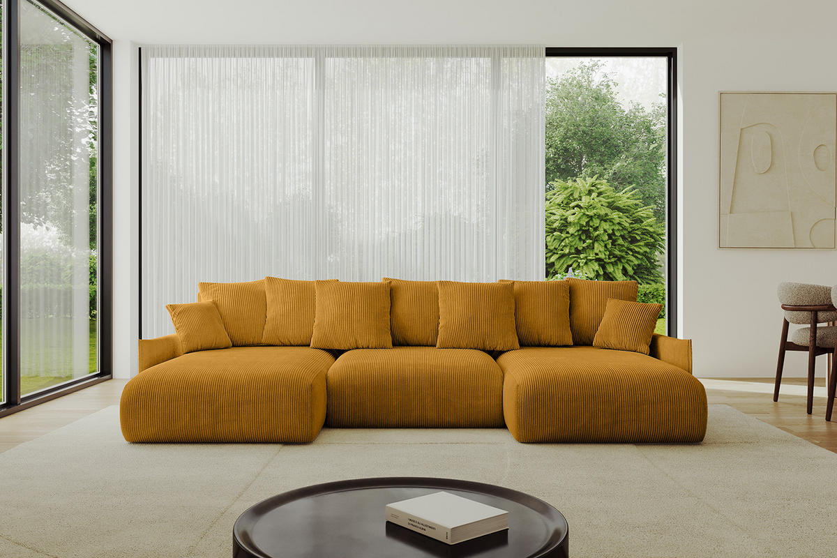 WOHNLANDSCHAFT mit Schlaffunktion und Bettkasten ONESK-U-v1 304x165x40 Senfgelb Cord - Currygelb, Holzwerkstoff/Kunststoff (304/90/165cm) - ALTDECOR