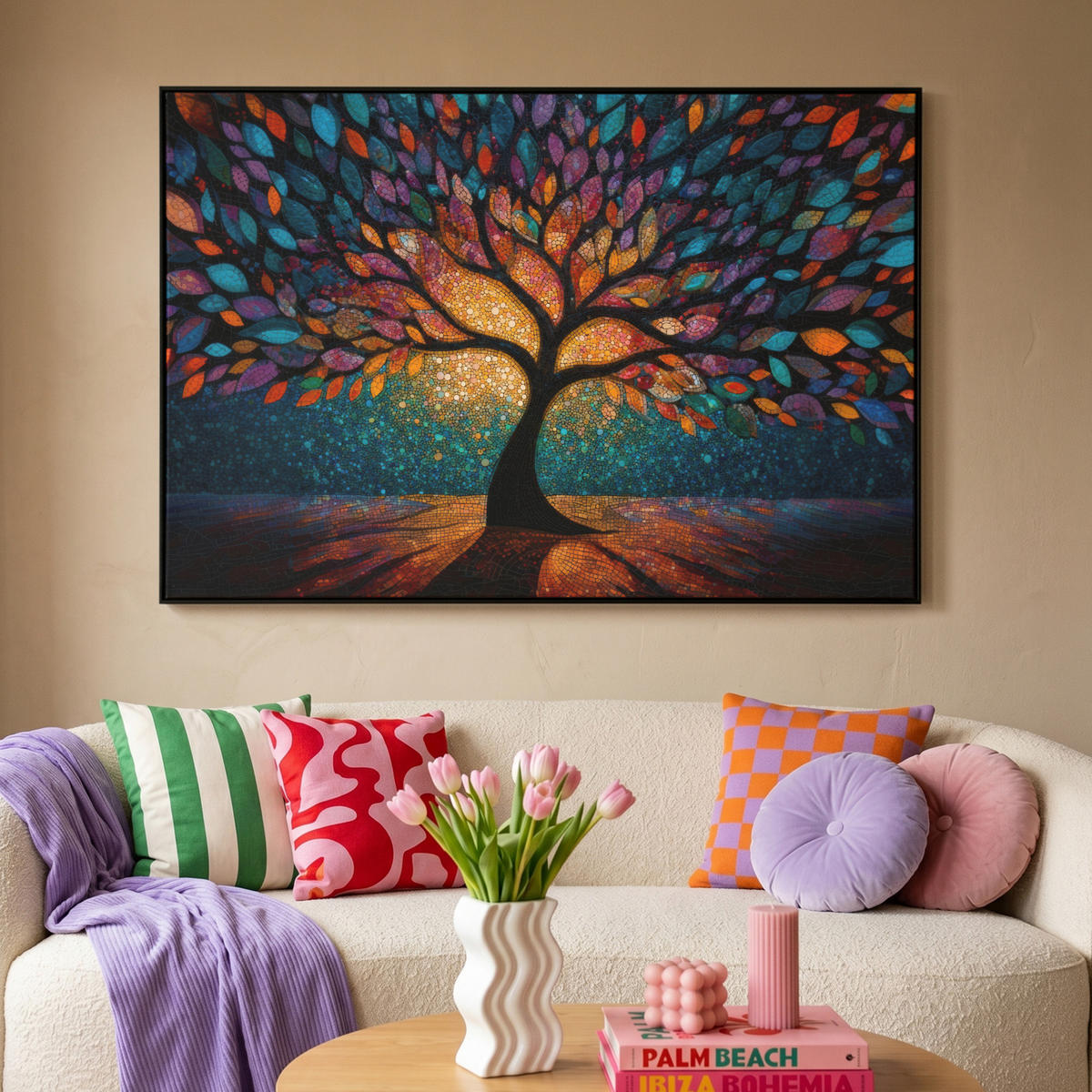 LEINWAND Bilder mit Rahmen - Mosaik - Bunt - Baum - Äste - 150x100 - Multicolor, Textil (150/100cm) - MuchoWow