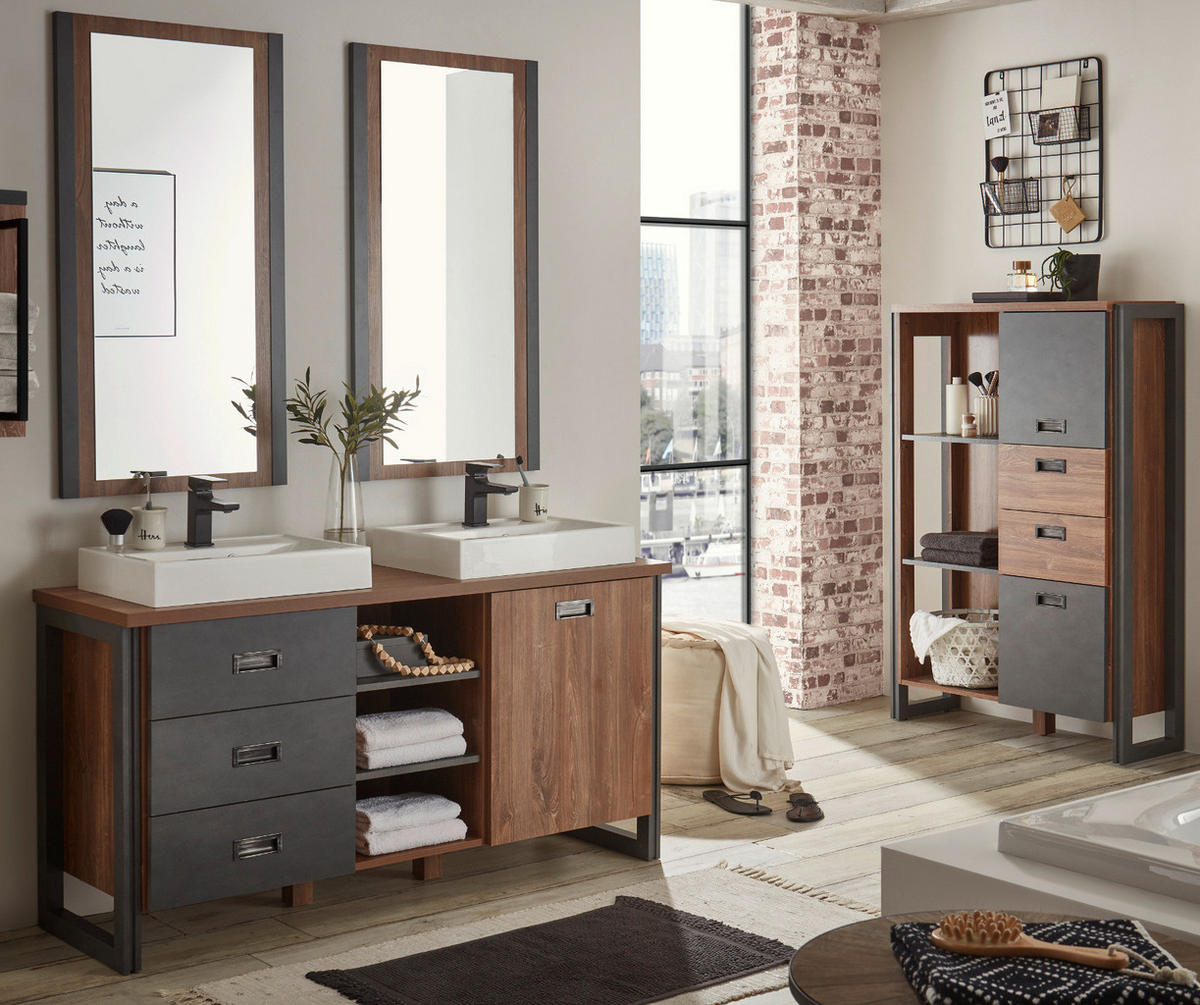 BADMÖBEL-SET 2-teilig Eiche Stirling, Matera grau, Badkombination Waschbeckenunterschrank, Spiegel 61 x 205 cm - Eichefarben/Grau, Holzwerkstoff (61/205/40cm)