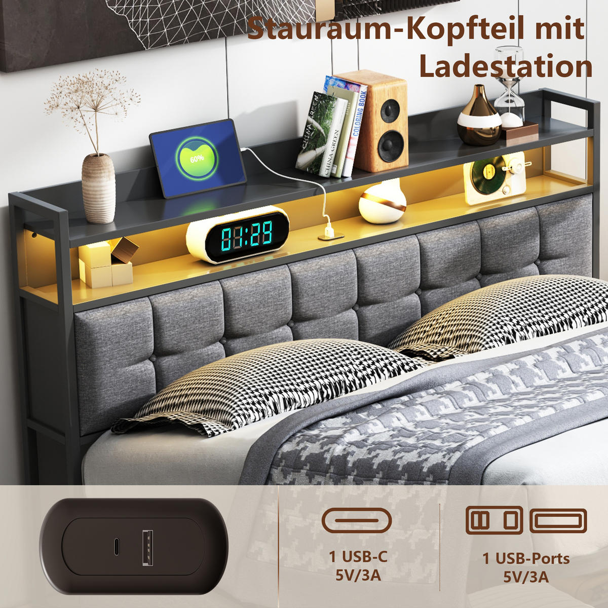 BETT mit Bettkasten 140x200 cm mit LED und USB, Polsterbett 140x200, Doppelbett 140x200 mit Stauraum, Lattenrost, Kopfteil, Grau Leinenstoff - Grau, Textil/Metall (140/200cm) - GENKI LIVING
