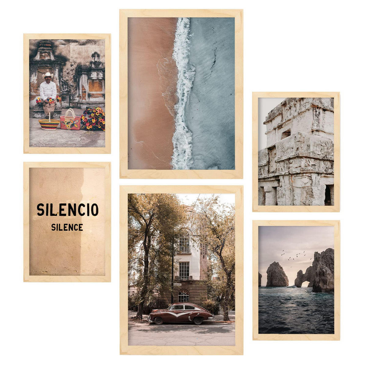 POSTER Set Mit 6 Vintage Mexico A3 & A4 Rahmen Aus Hellem Holz - Beige, Papier (29/3cm) - Nacnic