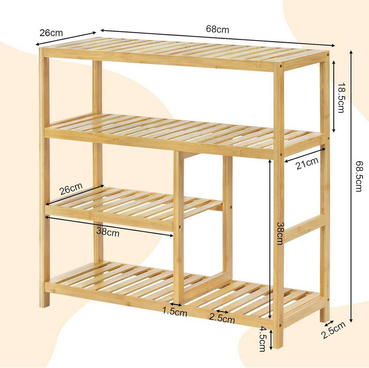 SCHUHREGAL mit 4 Ebenen, aus Bambus - Naturfarben, Naturmaterialien (68/68.5/26cm) - Woltu