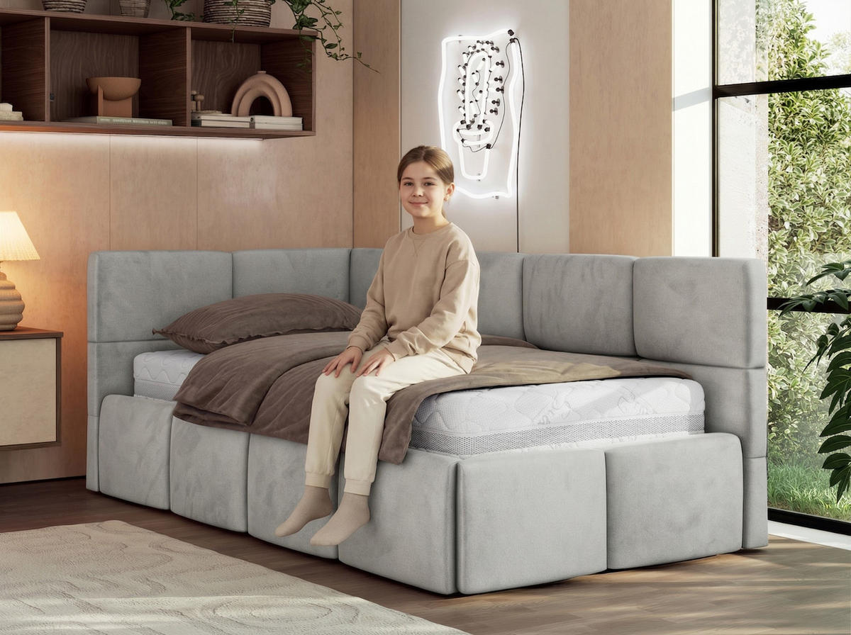 JUGENDBETT ARVO 90/200 - Dunkelbeige Strukture - Pocket-Matratze - Links Seite - Bronzefarben, Textil (90/200cm) - MKS