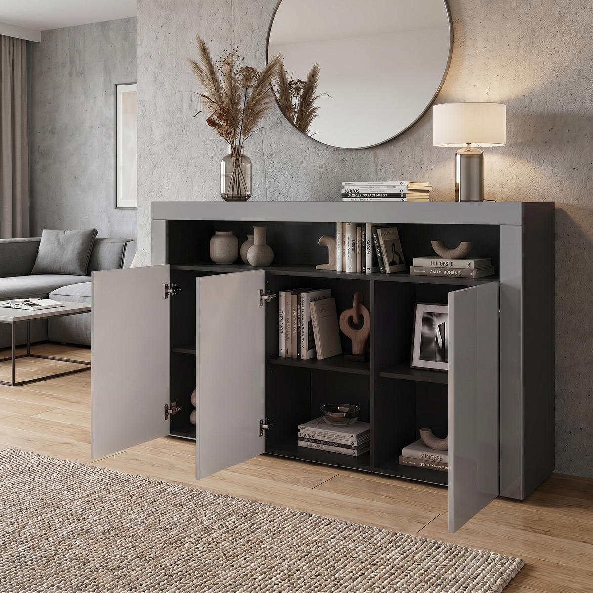 SIDEBOARD Valencia Grau Hochglanz / Grau Hochglanz - Grau, Holzwerkstoff (155/92/40cm) - Vladon