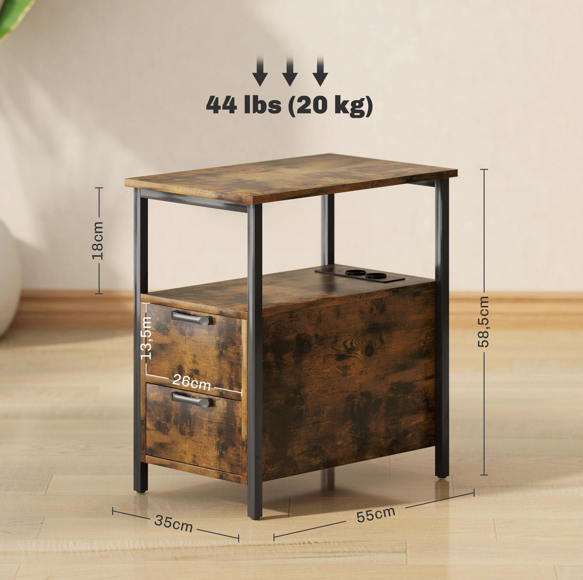 BEISTELLTISCH 55/58,5/35 cm Braun aus Holz mit Ladestation - Braun, Holzwerkstoff (55/35/58.5cm) - OKMYHOME