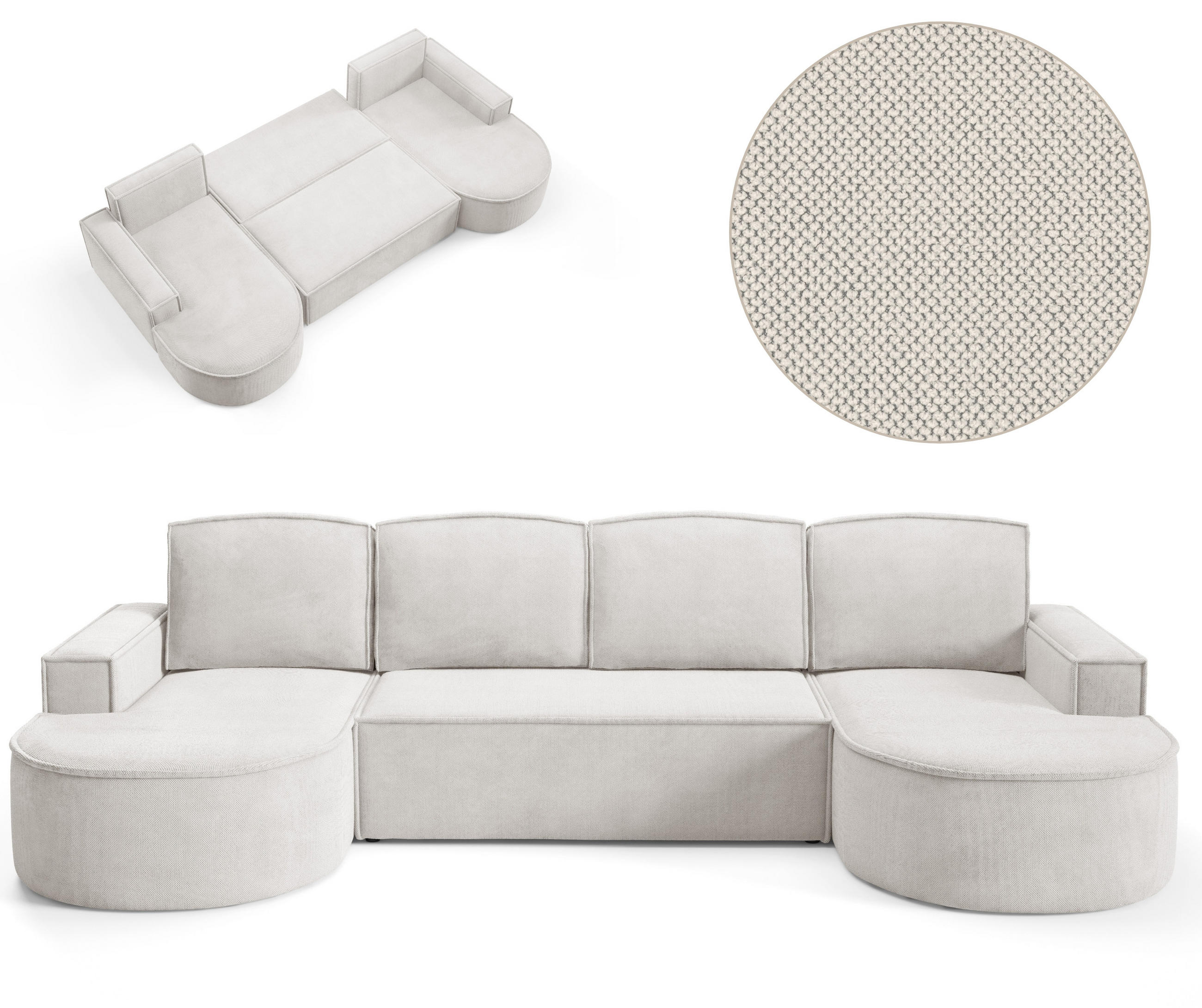 ECKSOFA MOLLY U Freistehendes, mit Schlaffunktion, 140x273cm, Bettkasten und Abnehmbaren Kissen – 316x157x88cm, Curio Stoff, Weiß - Creme, Holz/Textil (316/157cm) - DomoHome