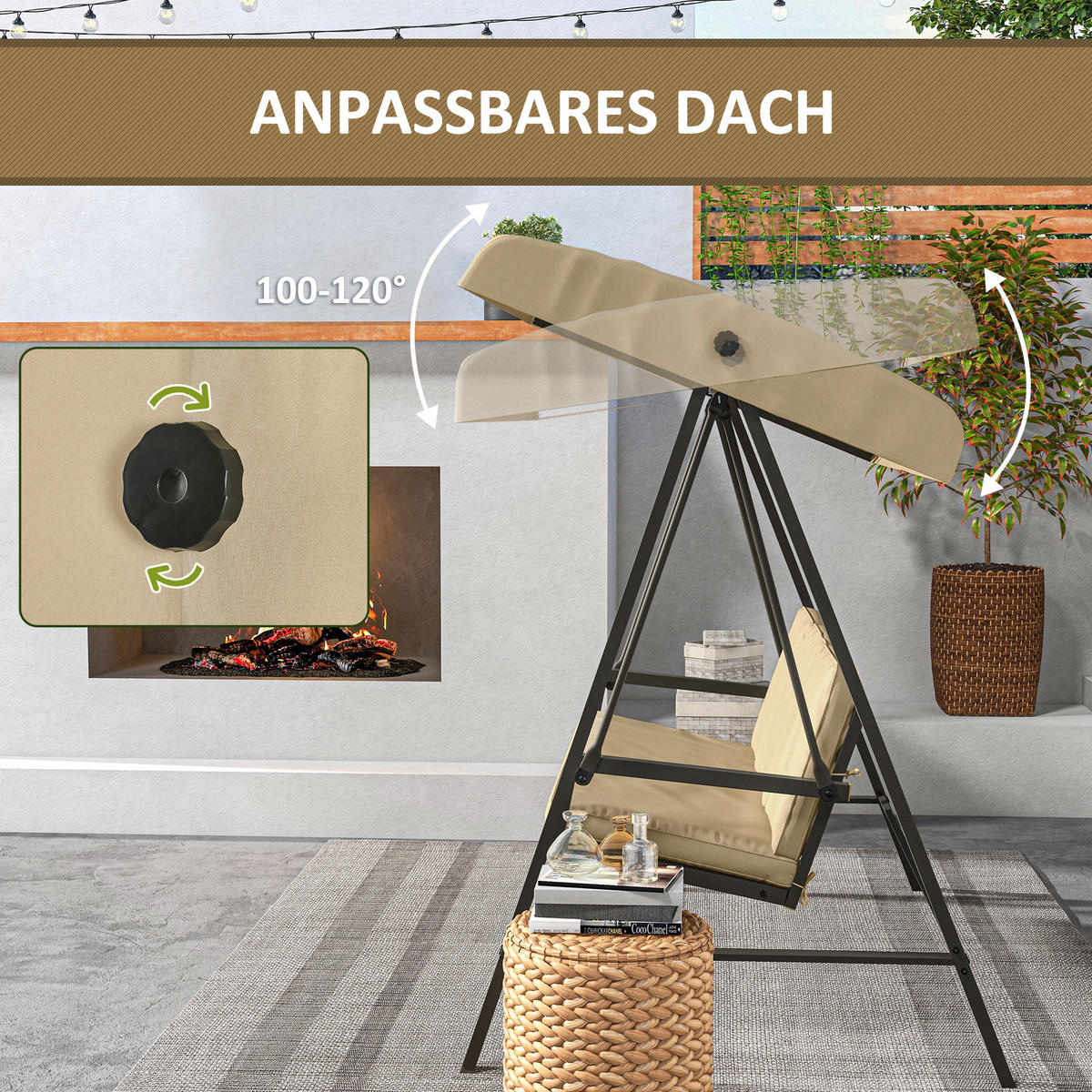 HOLLYWOODSCHAUKEL Beige Braun 200/125/175 cm - Beige, Textil (200/175/125cm) - PANGIVO