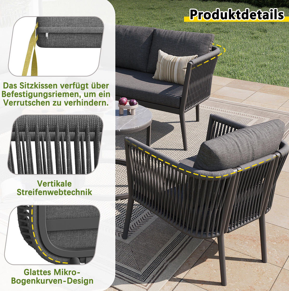 LOUNGEGARNITUR Grau aus Metall und Olefin 6er Set - Grau, Metall - OKMYHOME
