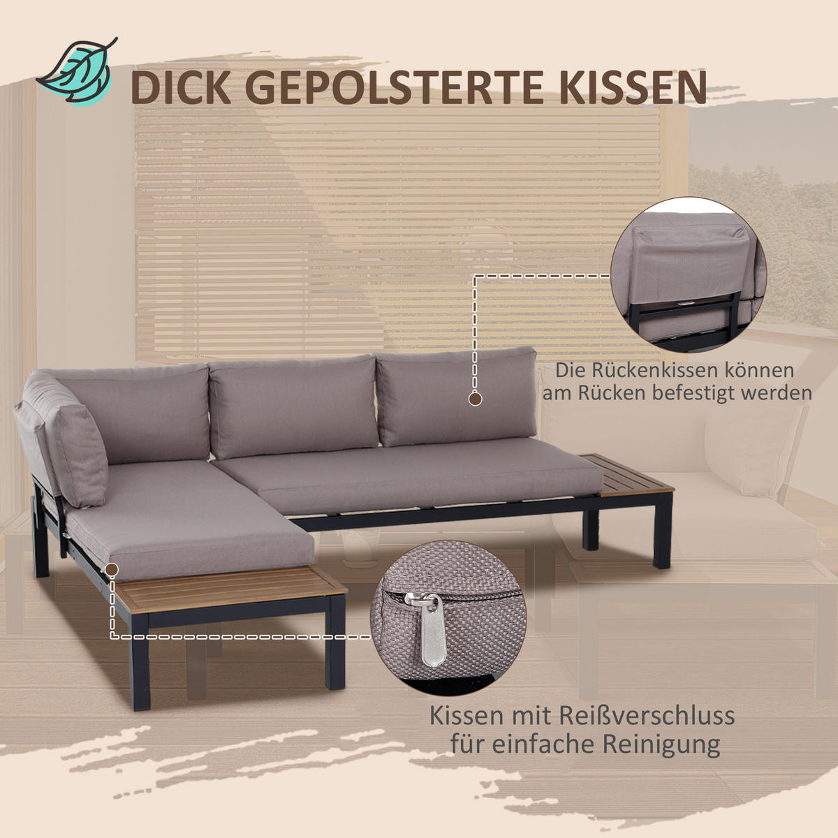 GARTENMÖBEL-SET, Aluminium, Polyester, Schaumstoff, Grau+Natur - Multicolor, Metall - Outsunny