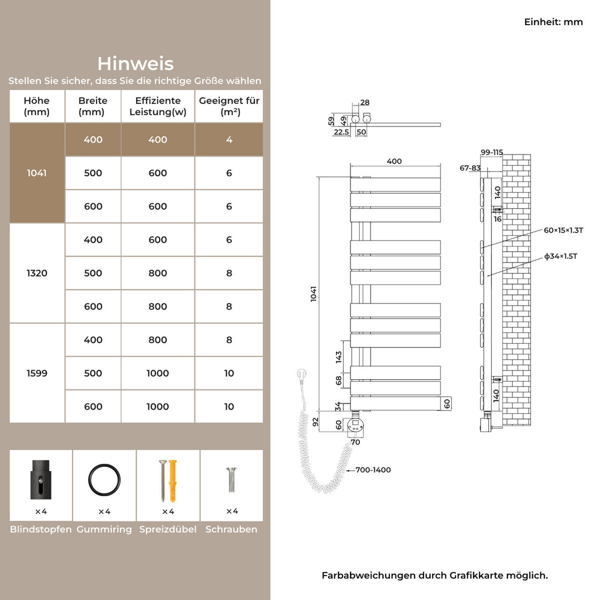 HANDTUCHHEIZKÖRPER 104,1/40 cm anthrazit elektrisch 400 W mit WLAN-Thermostat - Anthrazit, Metall (40/104/5.9cm) - S'AFIELINA