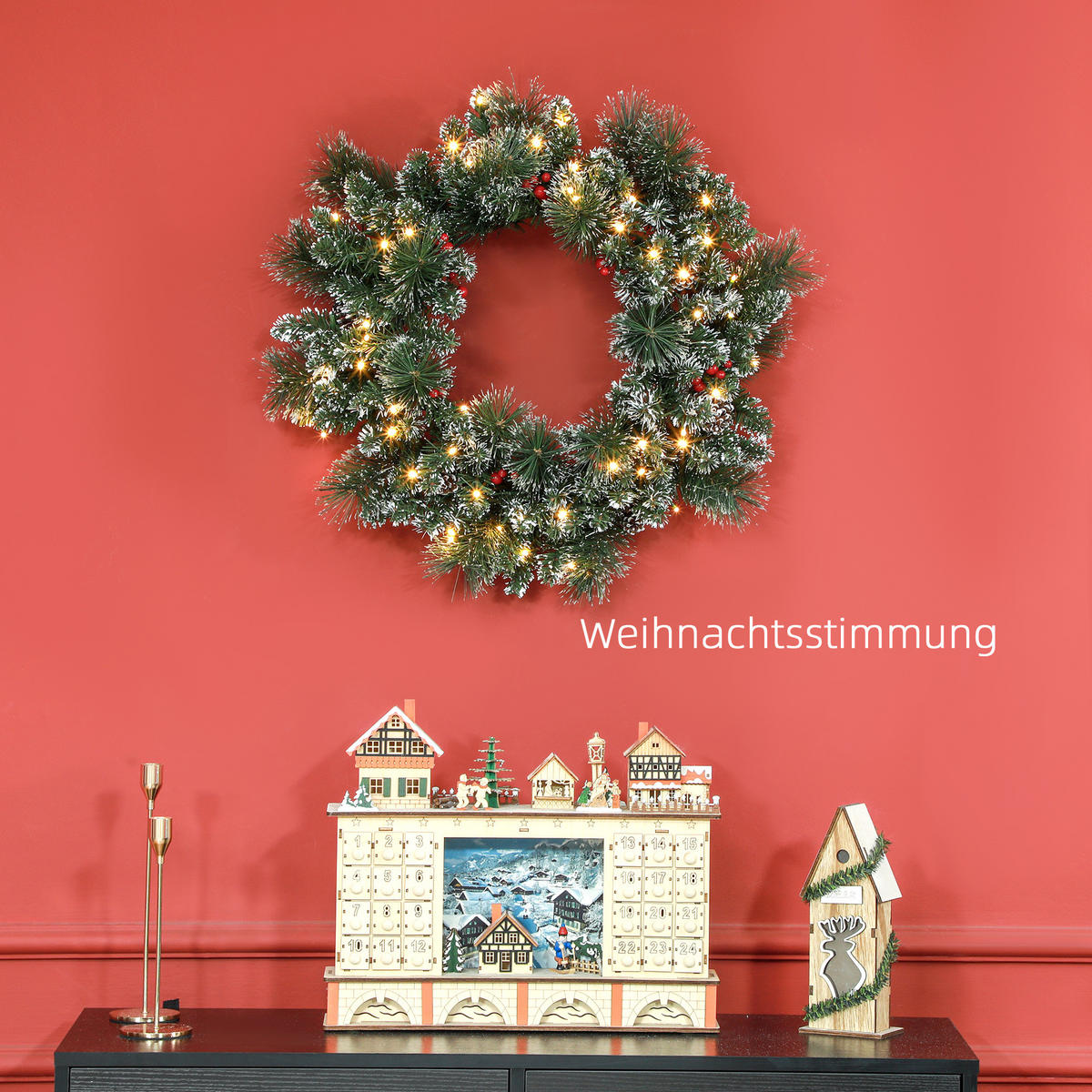 TANNENKRANZ Weihnachtskranz Türkranz Künstlicher Tannenkranz mit Lichterkette - Grün, Kunststoff/Metall (10cm) - HOMCOM