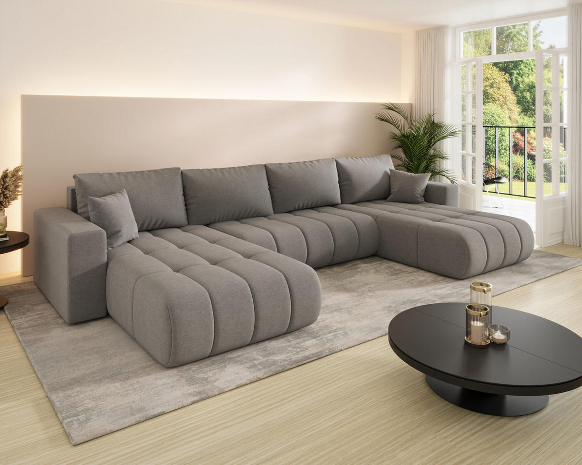 ECKSOFA mit schlaffunktion und bettkasten MILO U PREMIUM, stoff WIND, Braungrau - Braun, Holz (384/190cm) - Kaiser Möbel