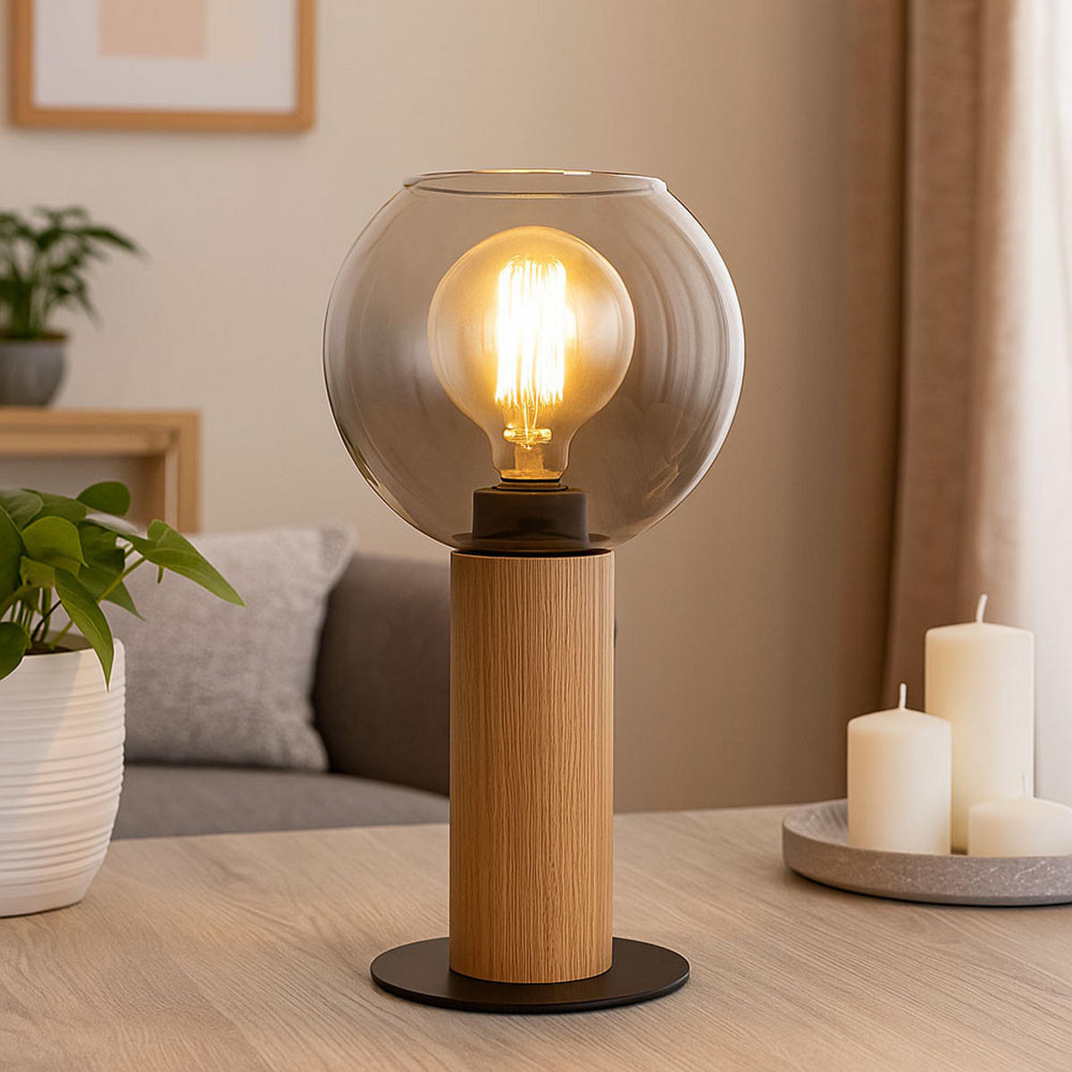 TISCHLEUCHTE MOITAS Rauch Schwarz Metall - Braun, Holz (15/15/30cm) - Globo Lighting
