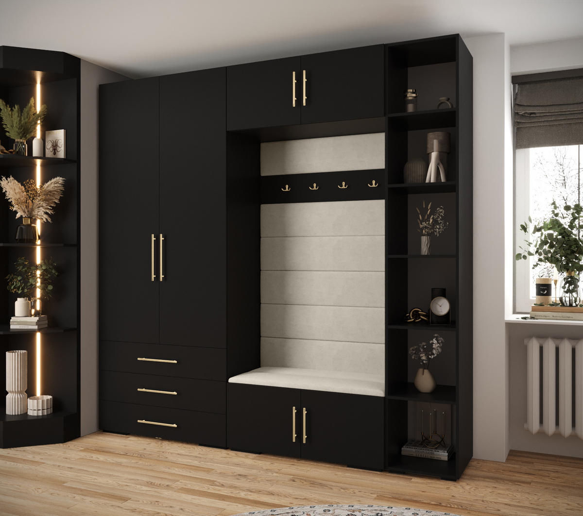 GARDEROBEN-SET 236,7/240/47 - Goldfarben/Schwarz, Holz/Kunststoff (240/236.7/47cm) - Abiks Möbel
