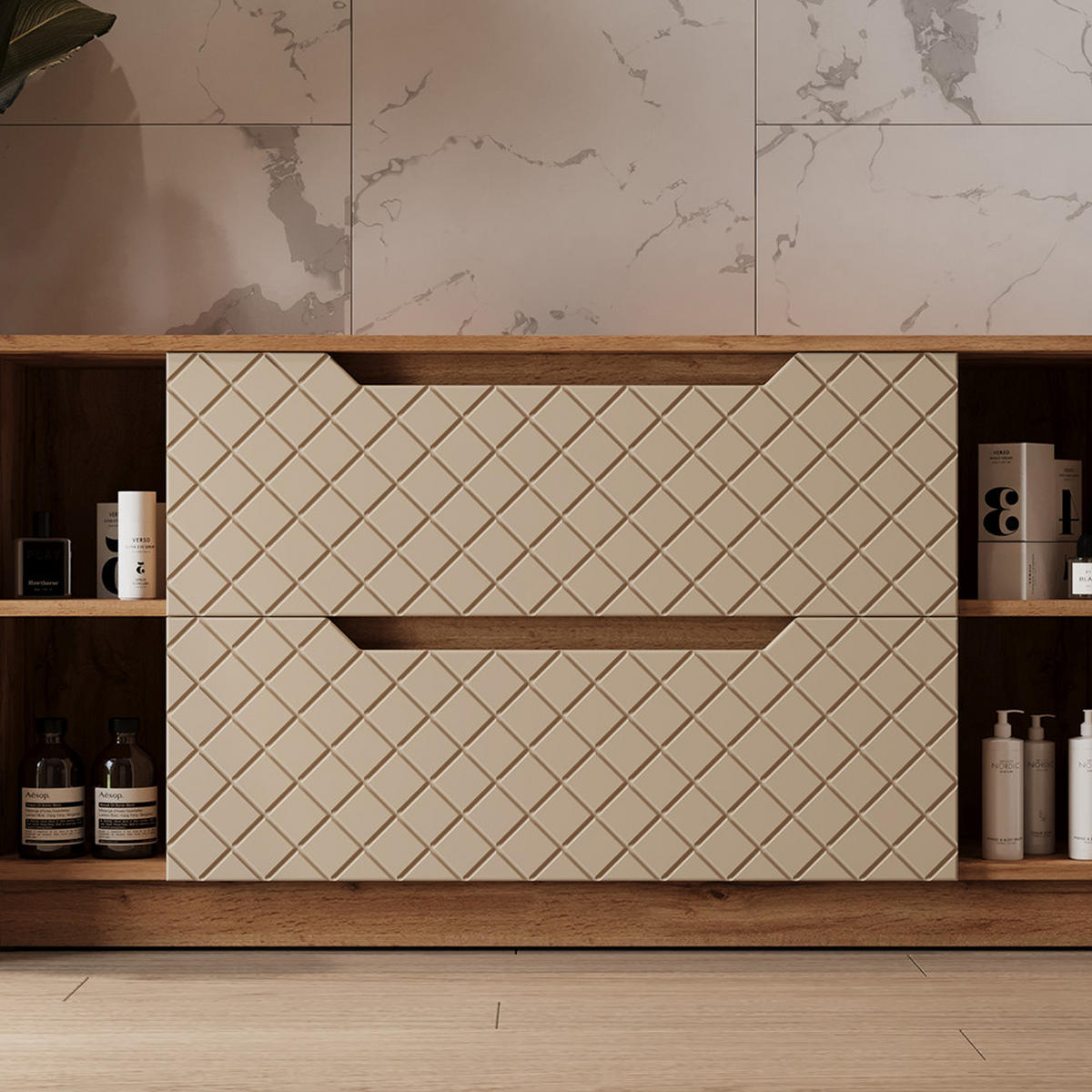 WASCHBECKENUNTERSCHRANK Lotta Eiche/Kaschmir mit Kachelstruktur 119.2 x 62.5 cm mit 2 Schubladen - Kaschmir/Eichefarben, Holzwerkstoff (119.2/62.5/35cm) - Vicco