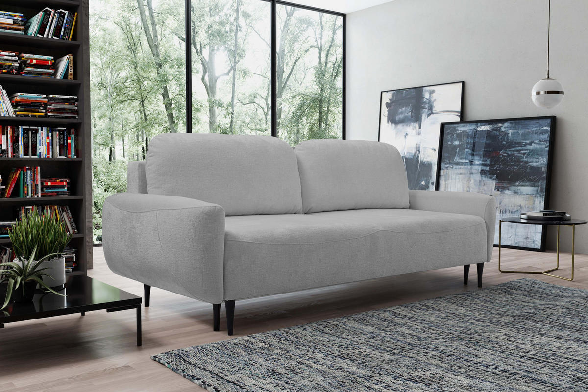 SOFA BOHO Mit Schlaffunktion Und Bettkasten, Wellenfederung, PUR-Schaum, Holzfüße, lose Rückenkissen, freistehend, 244x102x92 cm Grey - Grau, Holz/Textil (244/92/102cm) - DomoHome