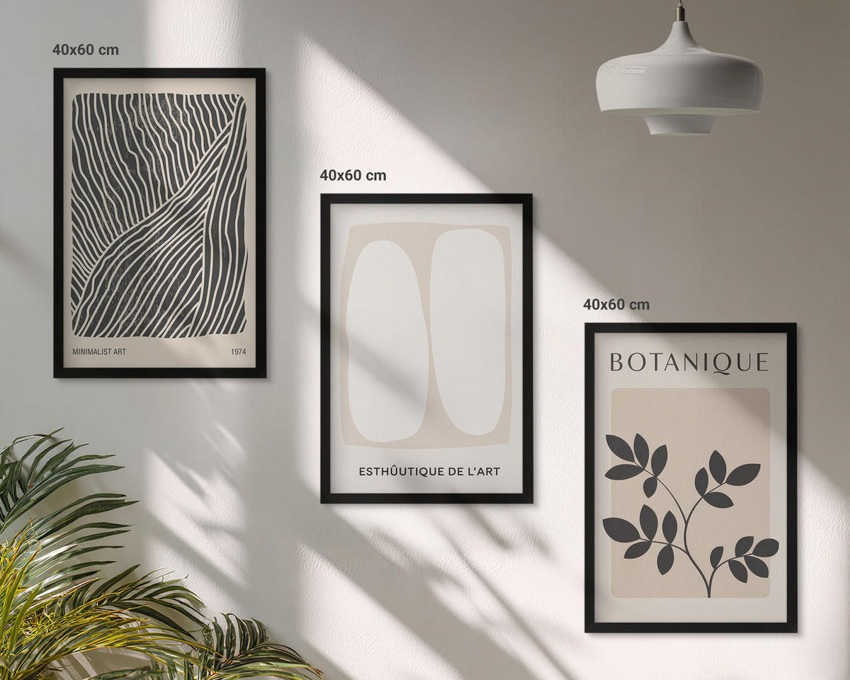 WANDBILDER 3er-Set - 40x60 cm Schwarzer Rahmen - Pflanzenmuster und Linien - Schwarz, Kunststoff (40/60cm) - ArtPrintCave