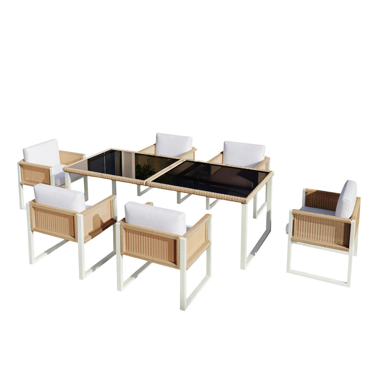 GARTEN-ESSGRUPPE 170/80/75 cm braun/weiß aus PE-Rattan mit 6 Stühlen - Braun, Naturmaterialien - OKWISH