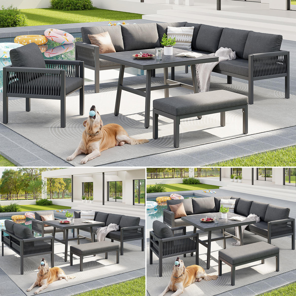 GARTENLOUNGE-SET Sitzgruppe für 8 Personen mit L-förmiges Gartensofa&Tisch Essgruppe - Grau, Textil/Metall - STILVORA